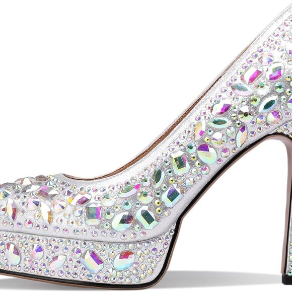 Platform Heels for Women Glitter Rhinestone Square Toe Chunky Pumps - Picture 2 of 6